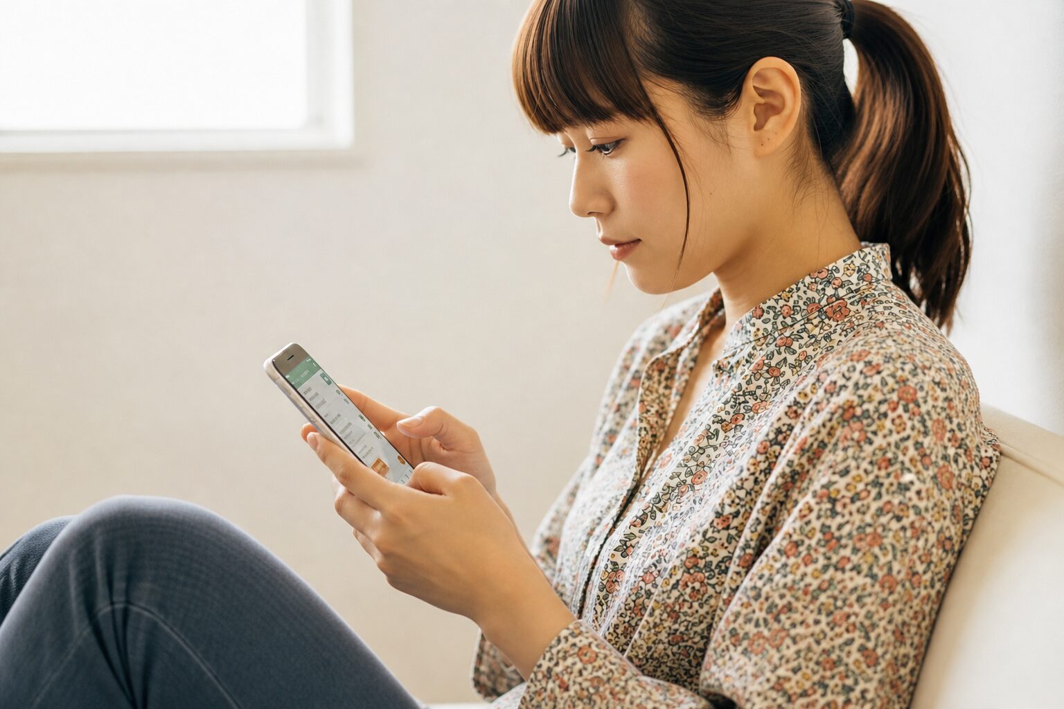 スマートフォンを手に恋愛の悩みを考える女性