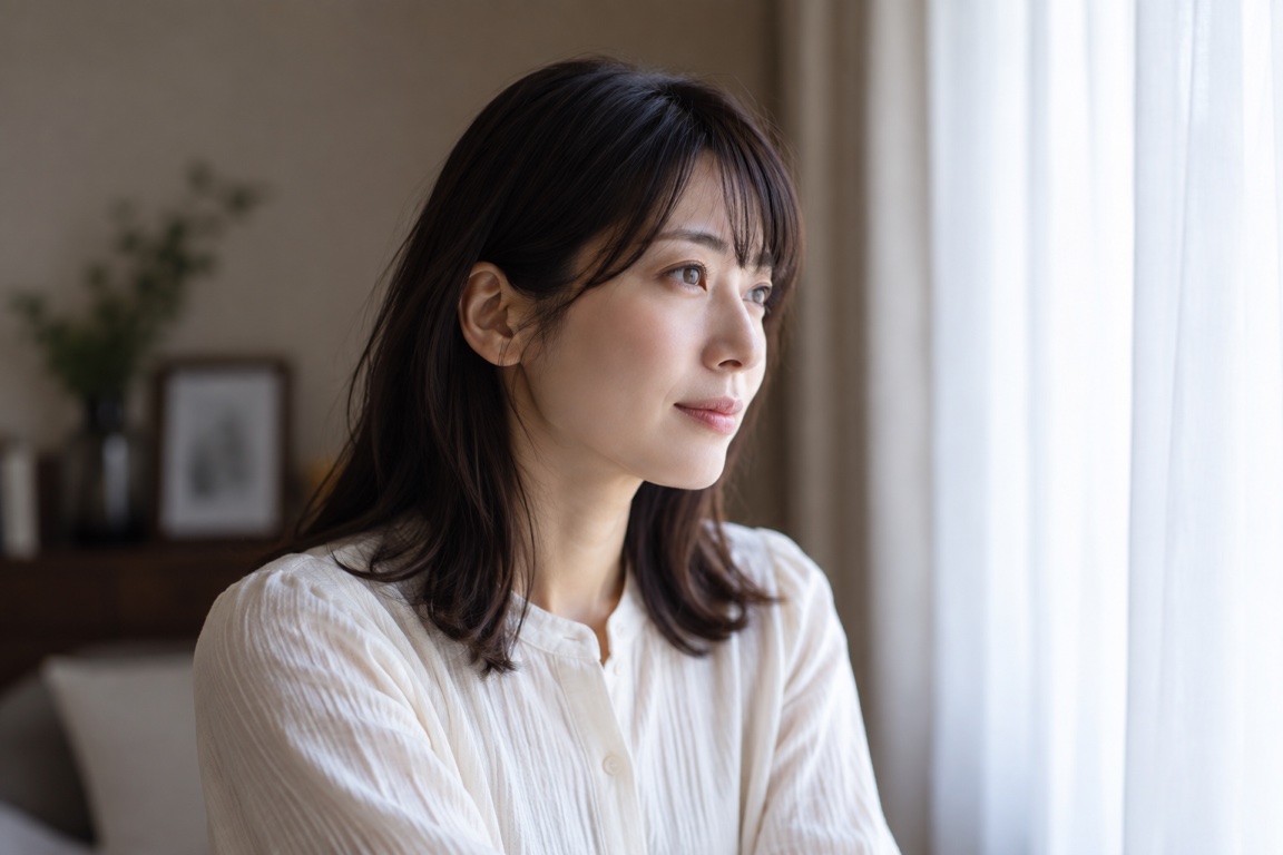 柔らかな光が差す窓辺で、穏やかに外を見つめる女性