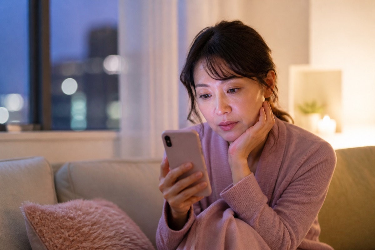 夜、ソファでスマートフォンを見つめる女性