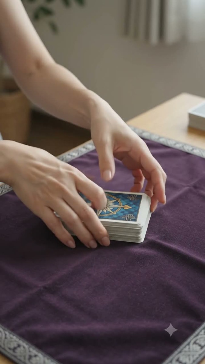 紫の布の上でタロットカードを切る手元