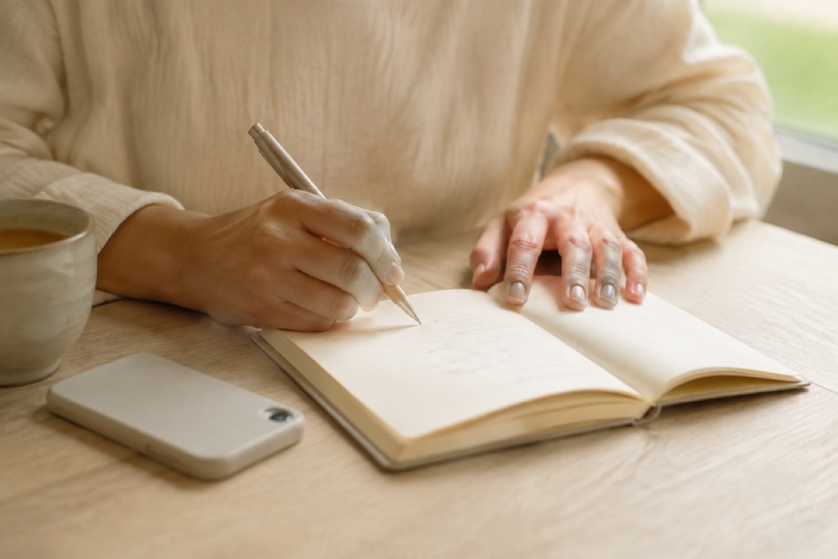 ノートに書き込む手元とスマートフォン