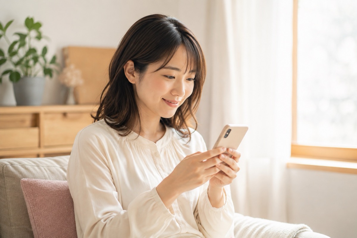 明るい部屋でスマートフォンを見て微笑む女性