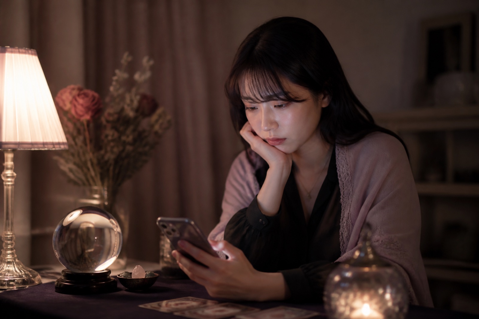 予約が入らずスマートフォンを見つめる女性
