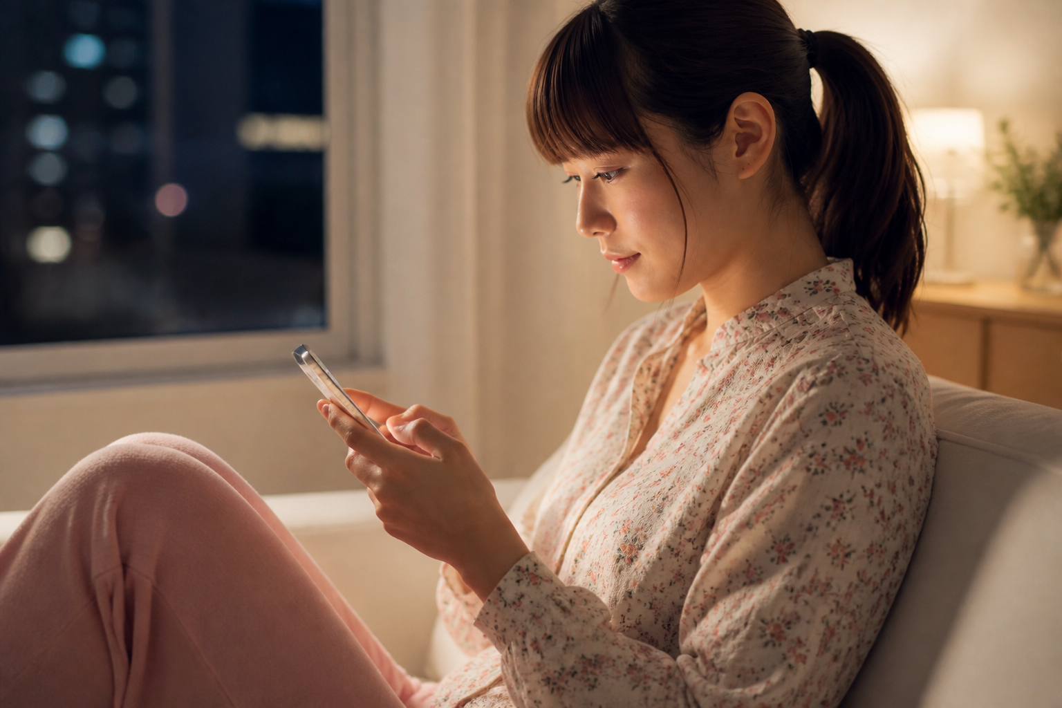 スマートフォンで毎晩のお便りを読む女性