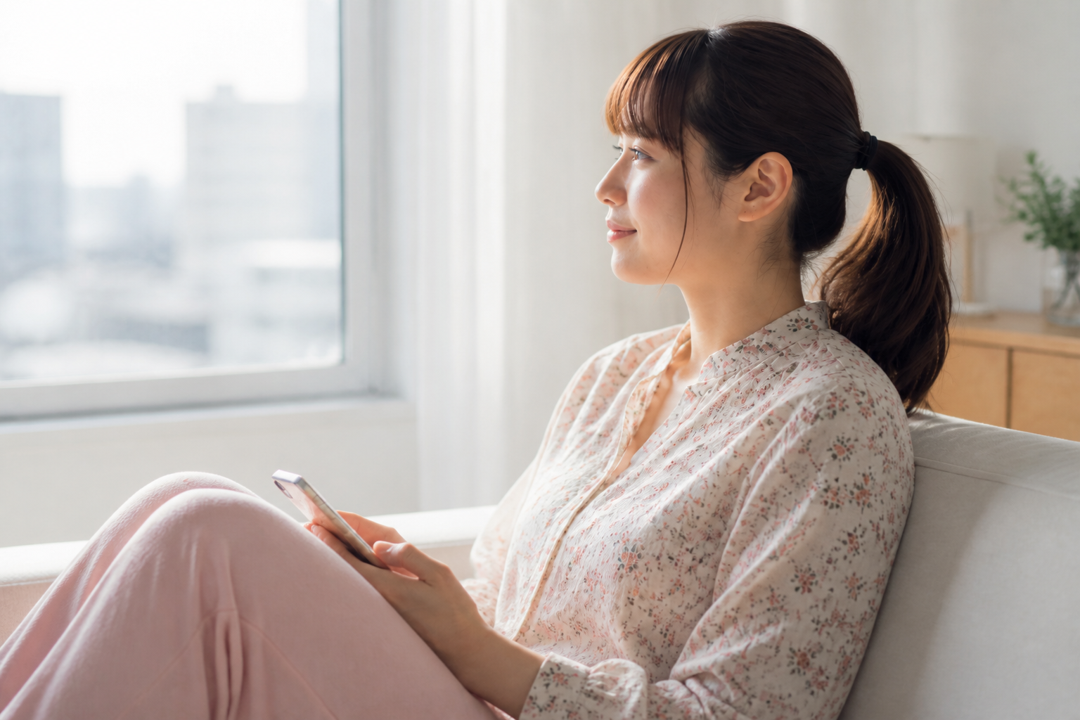 朝、穏やかな表情で過ごす女性