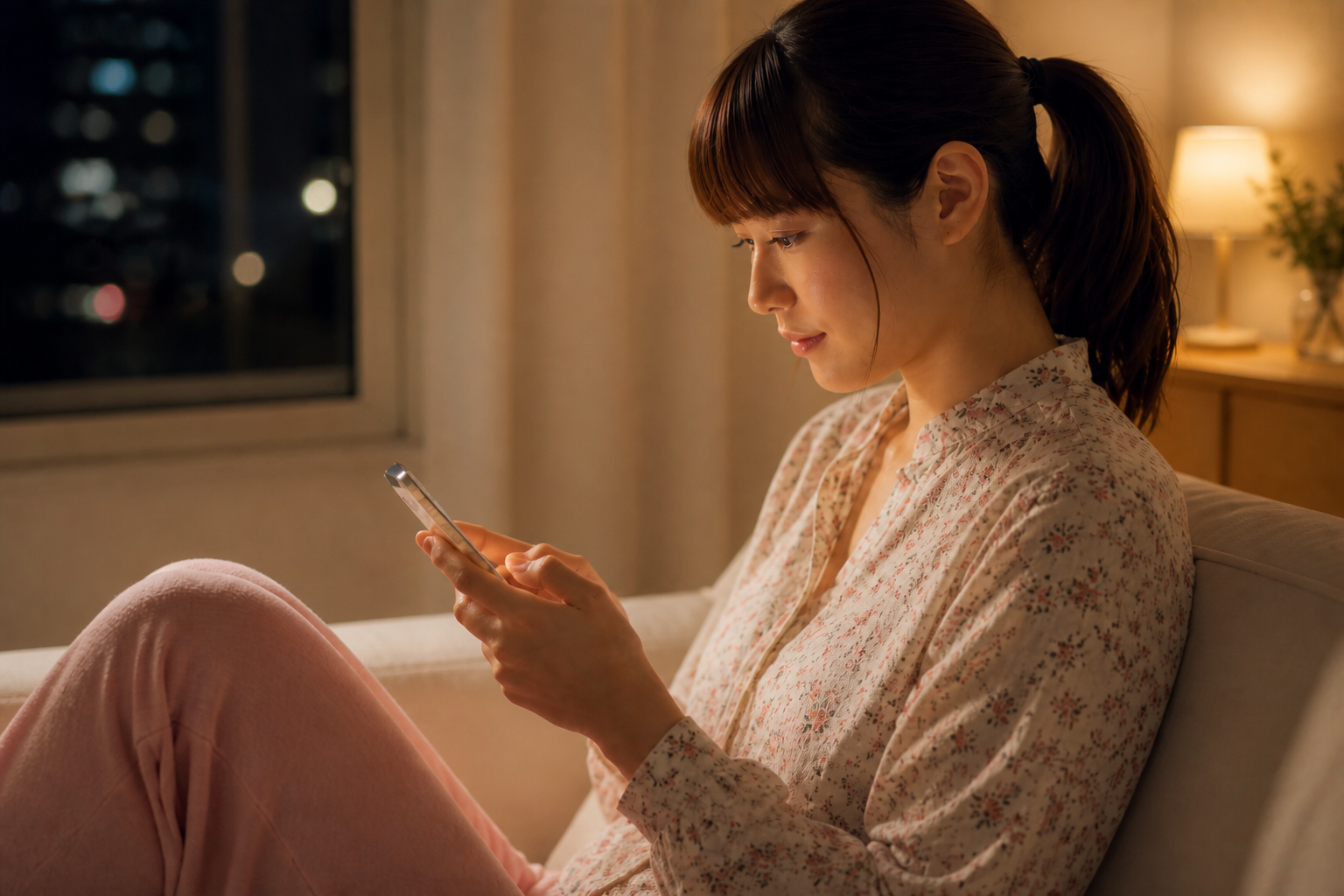 夜にスマートフォンでお便りを読む女性