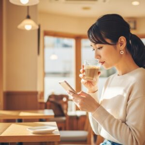 カフェでスマホを操作する女性