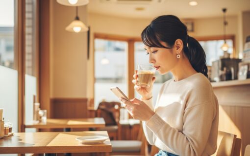 カフェでスマホを操作する女性
