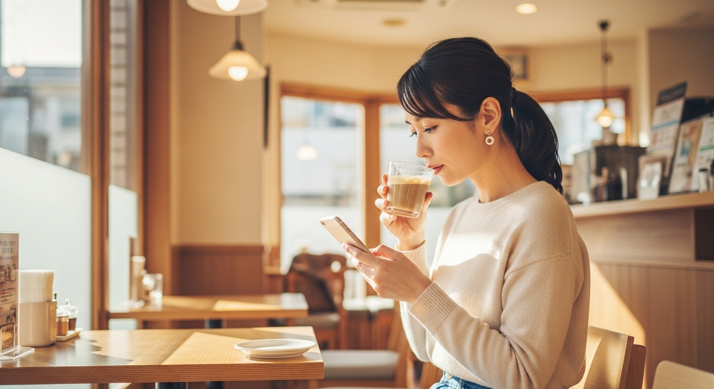 カフェでスマホを操作する女性