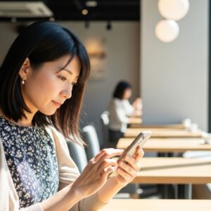 スマホを見ながらドキドキする女性