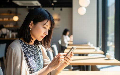 スマホを見ながらドキドキする女性