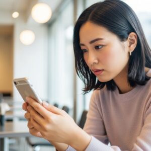 スマホを見ながらドキドキする女性