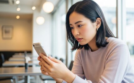 スマホを見ながらドキドキする女性