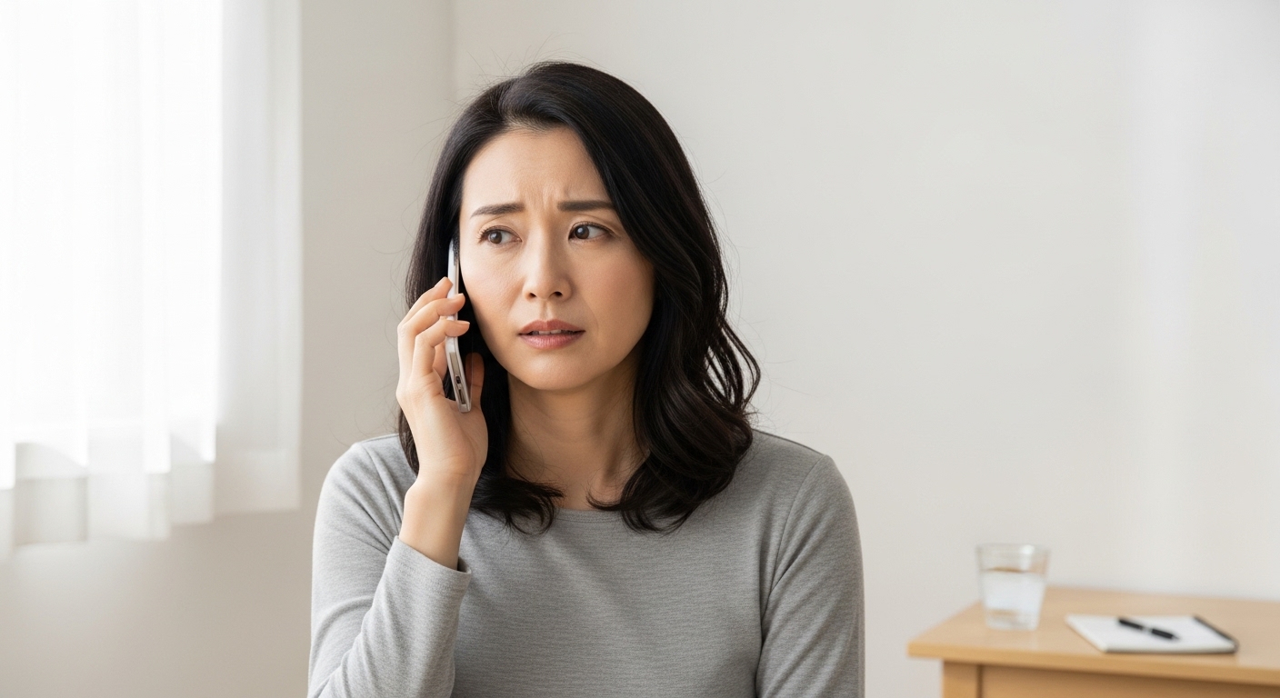 電話占いで相談している女性