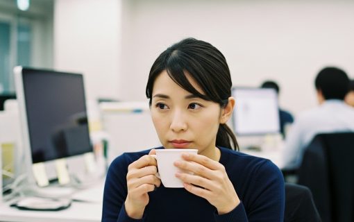 考え込んでいるような表情でコーヒーカップを見つめている女性