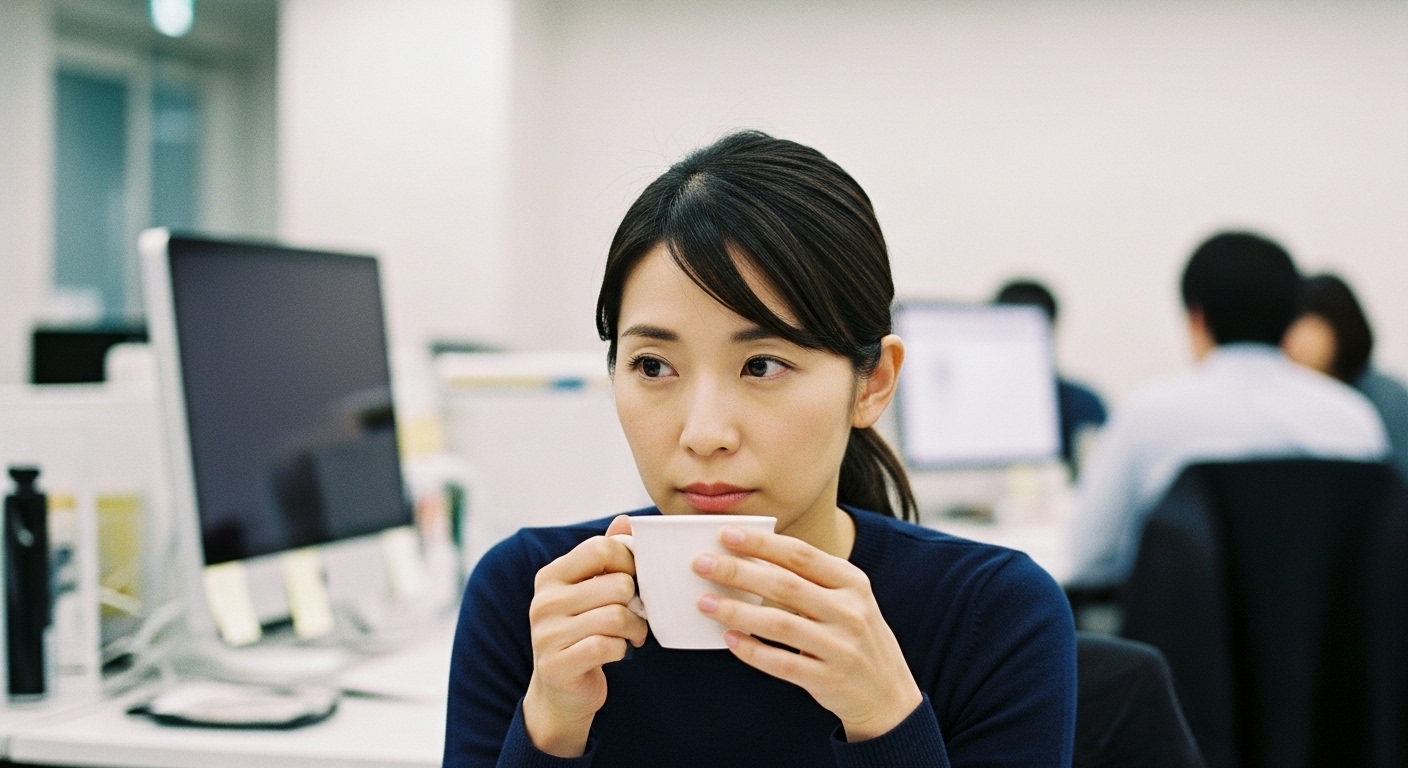 考え込んでいるような表情でコーヒーカップを見つめている女性