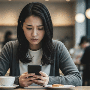 スマホを見ながら悩む女性