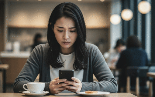 スマホを見ながら悩む女性