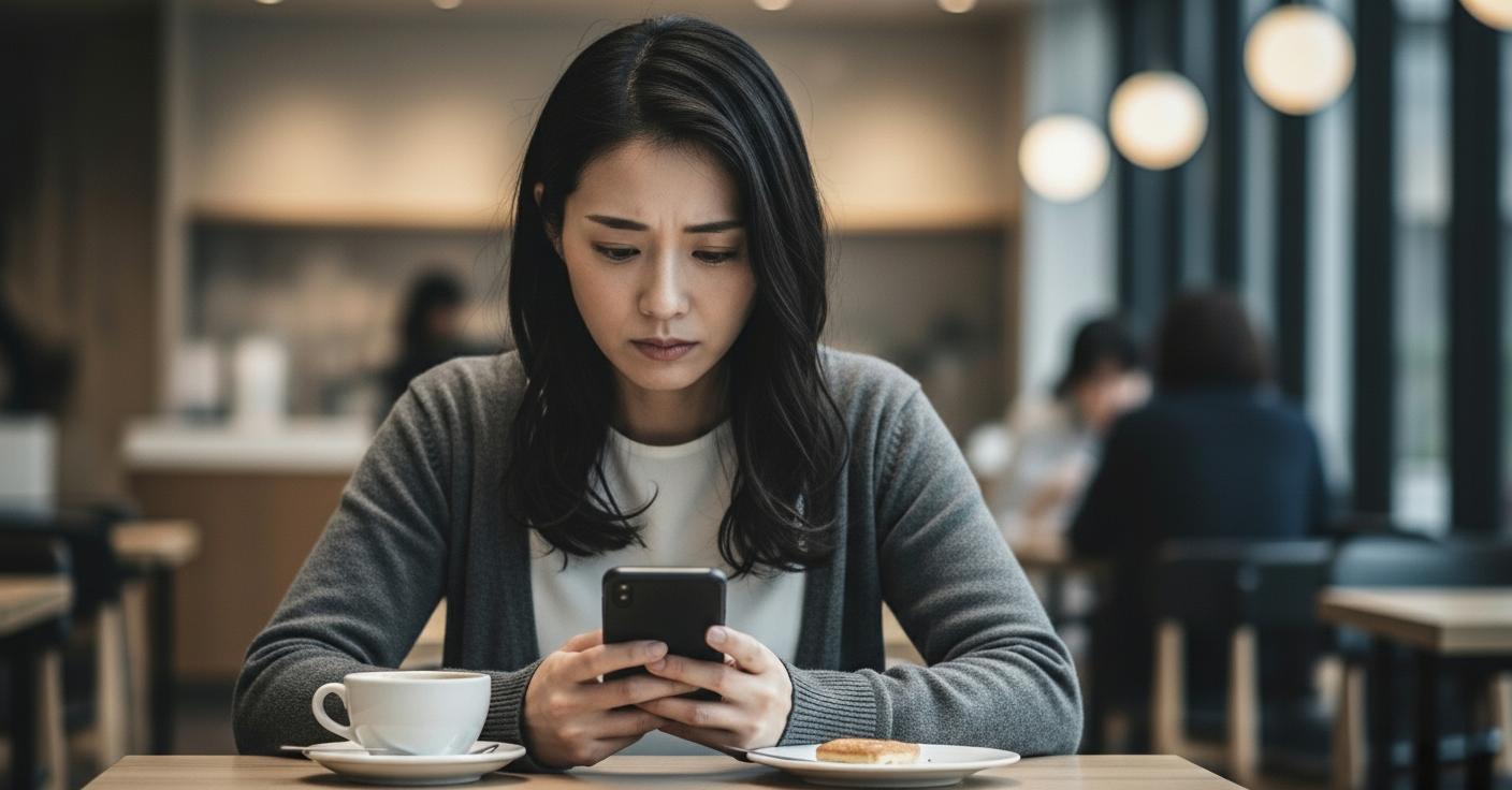 スマホを見ながら悩む女性