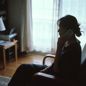 電話で相談する女性