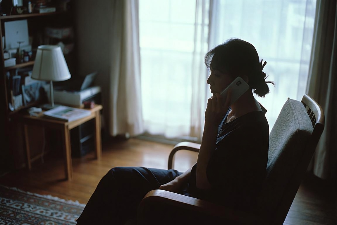 電話で相談する女性